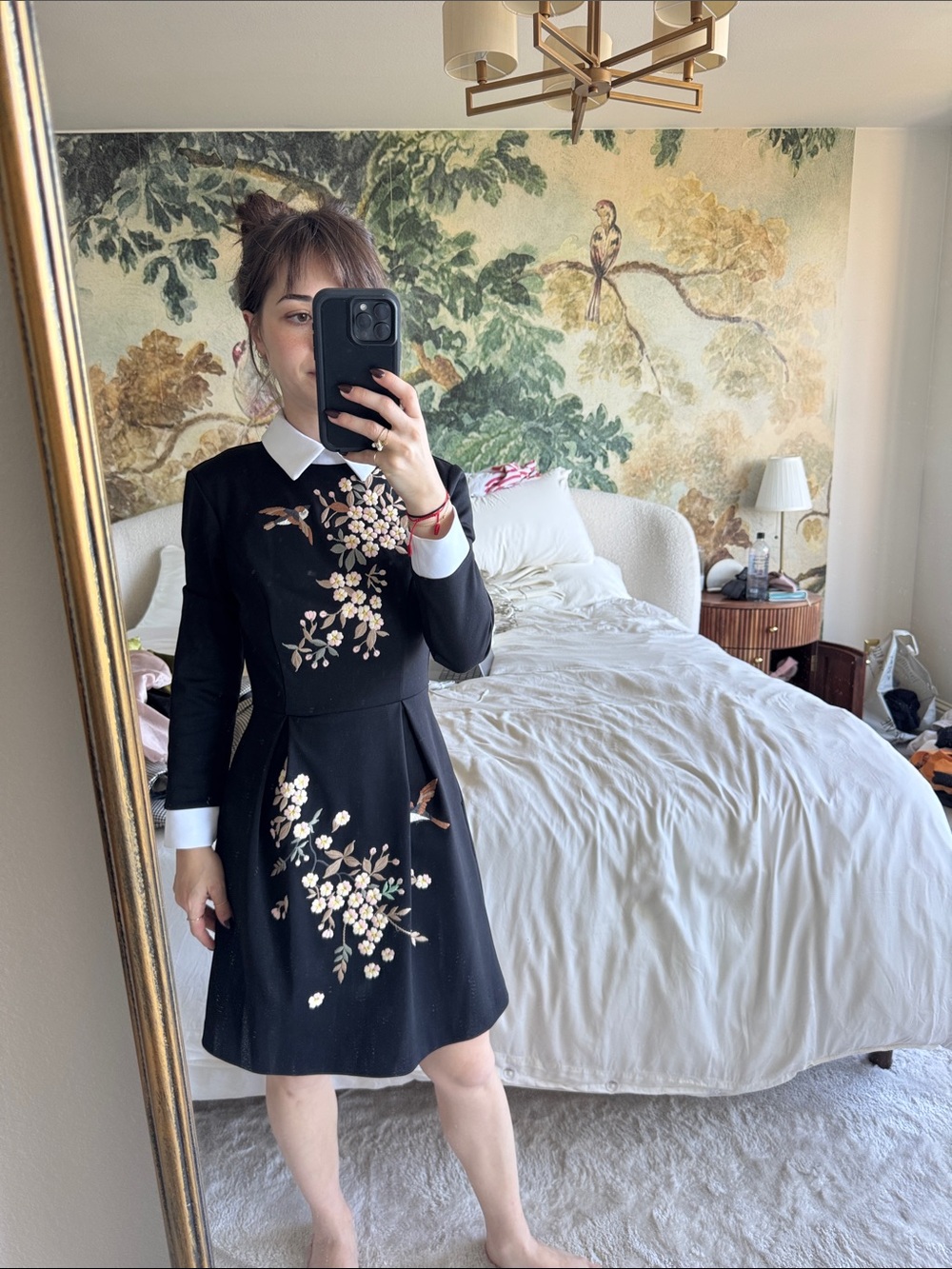 Ted Baker London Black Long-Sleeve Embroidered Collared Dress